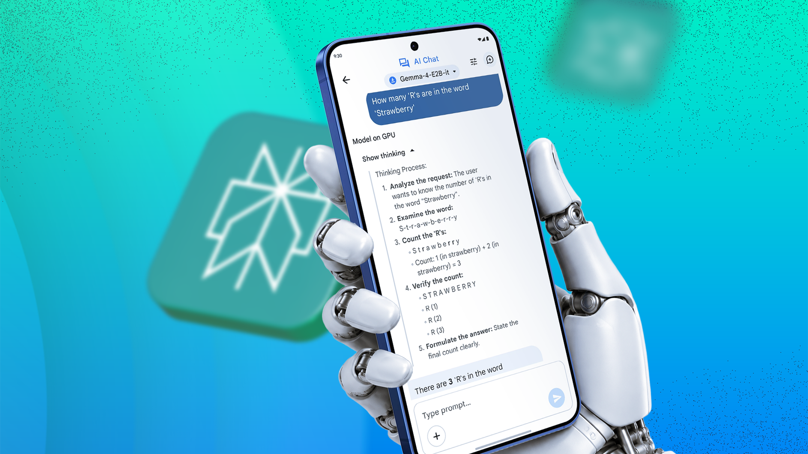 A robotic hand holding an Android phone running Google AI Edge Gallery, with the Perplexity logo blurred in the background.