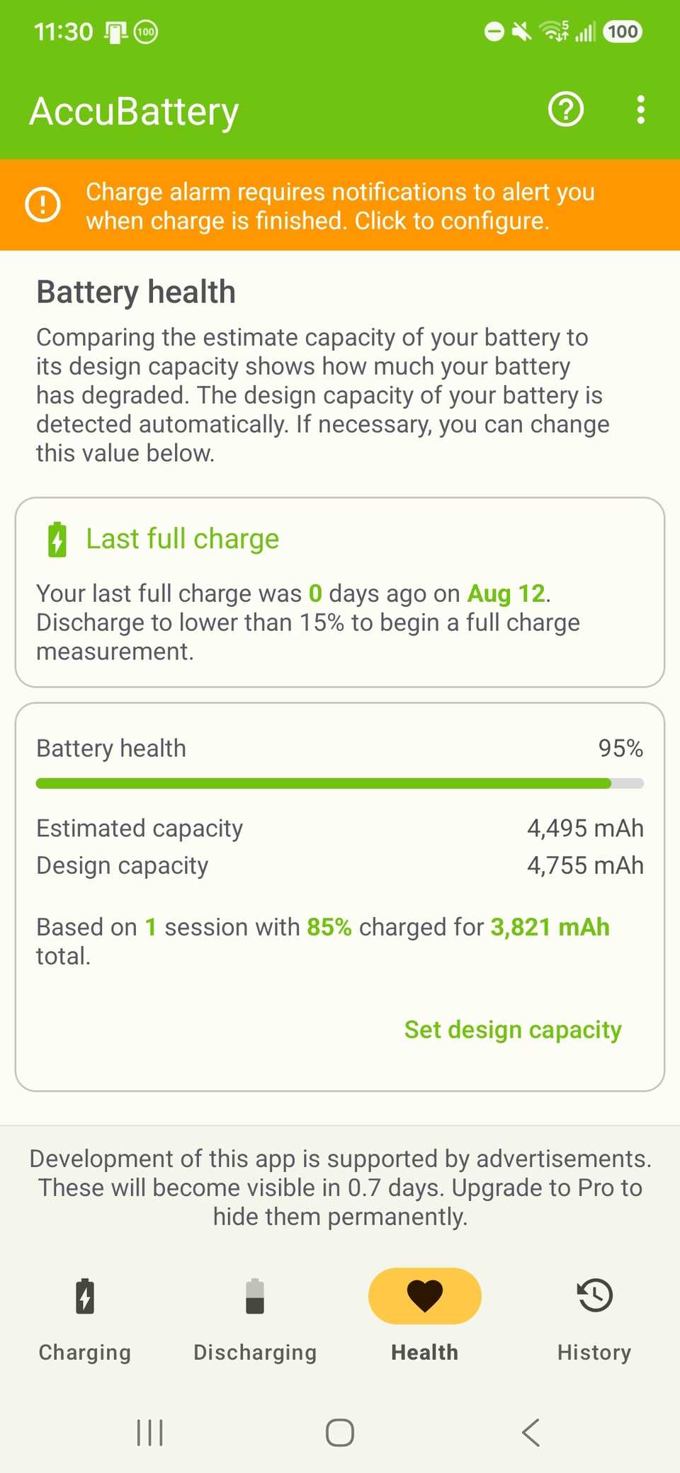 the measured health in Accubattery app for the phone charging to 100% after being at 80% for a year