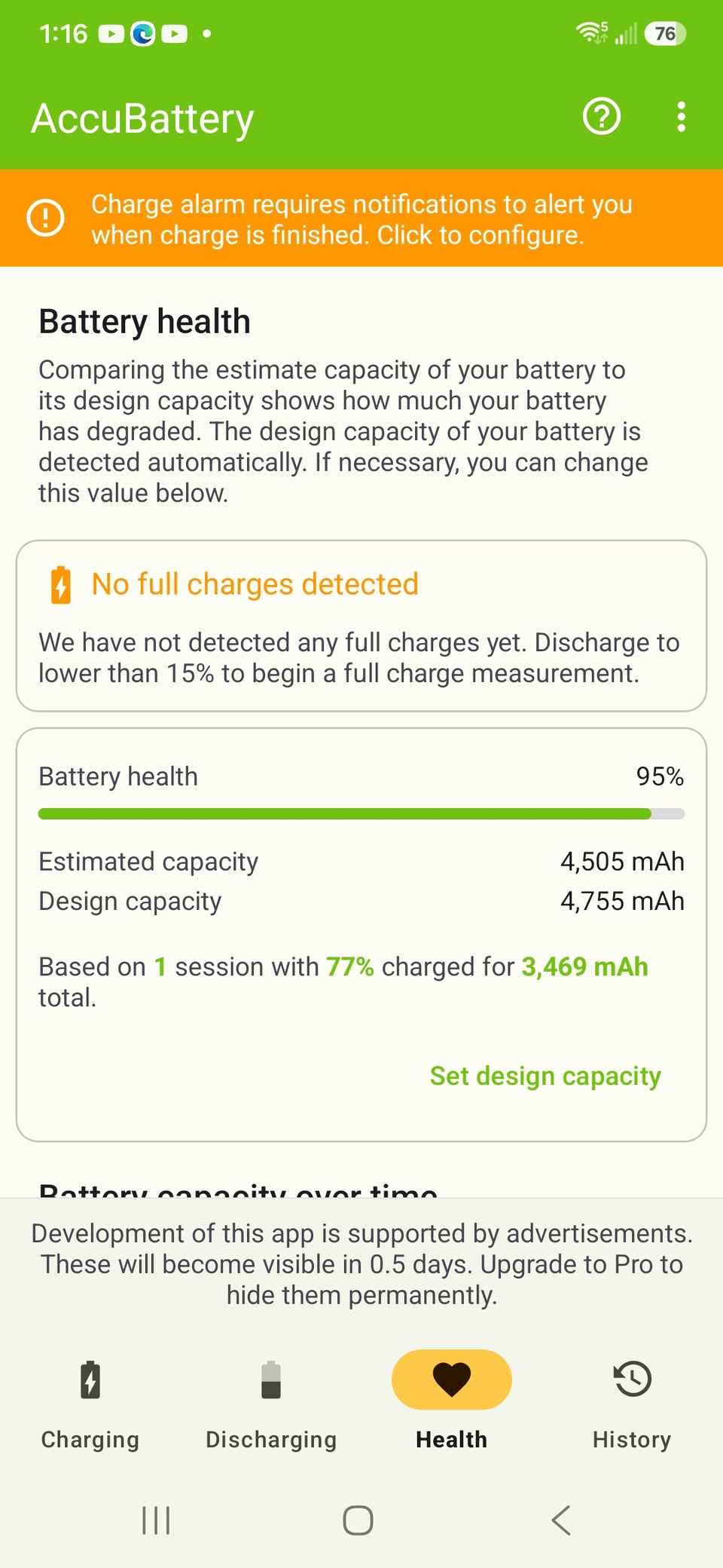 measured health of a battery using the Accubattery app for a phone being charged to 100 for a year