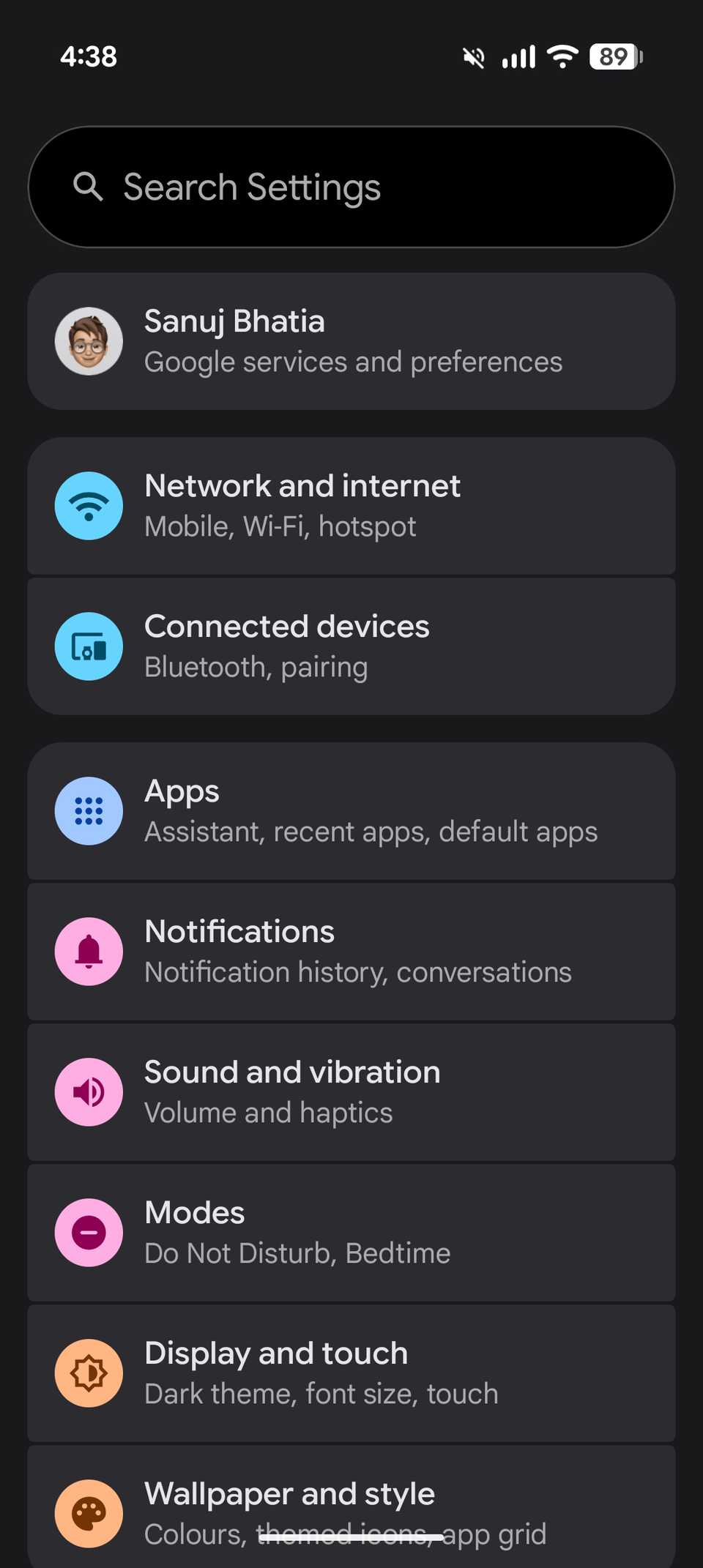 Android settings menu page displaying the Network and internet option highlighted below the user account profile