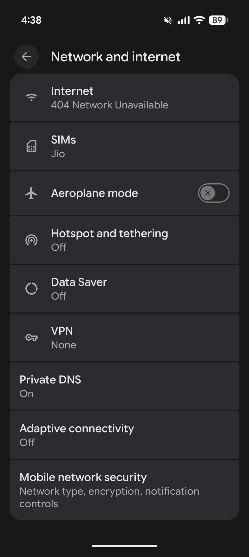 Android Network and internet settings screen showing Private DNS enabled alongside Internet, SIMs, and Data Saver
