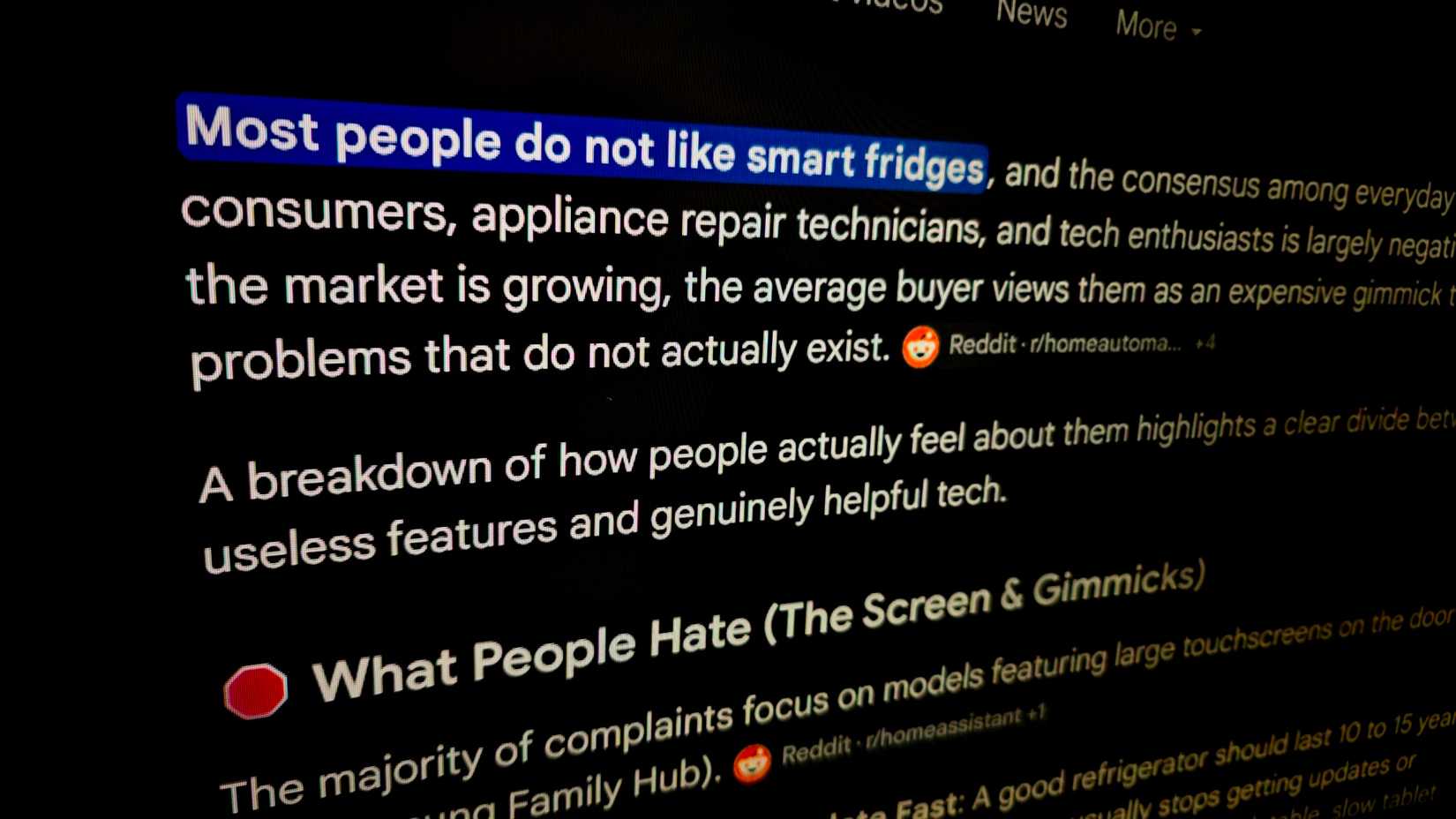 AI search showing people don't like smart fridges