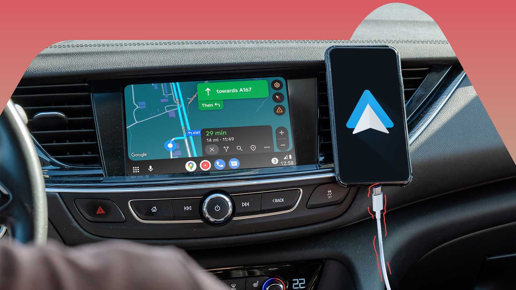 Android Auto running wirelessly while a disconnected USB cable hangs beside the phone.