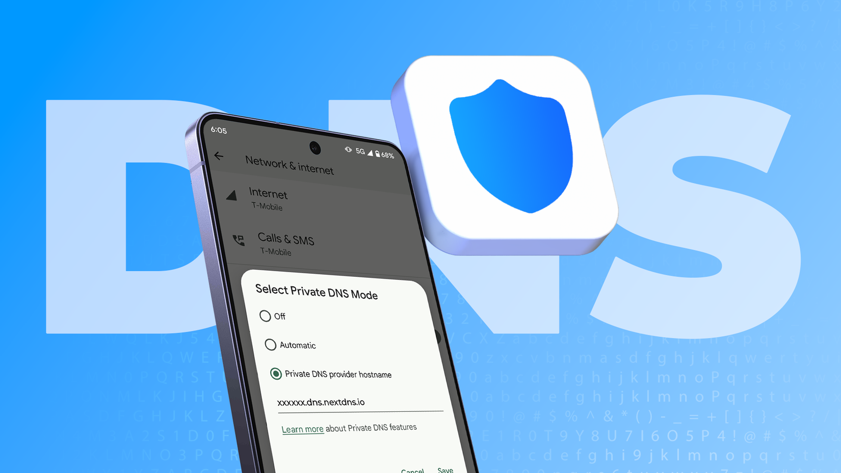 Android phone showing a Private DNS setup with NextDNS.