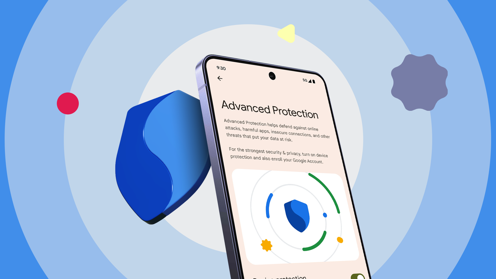Telefono Android che mostra le impostazioni di sicurezza della protezione avanzata con l'immagine di uno scudo.