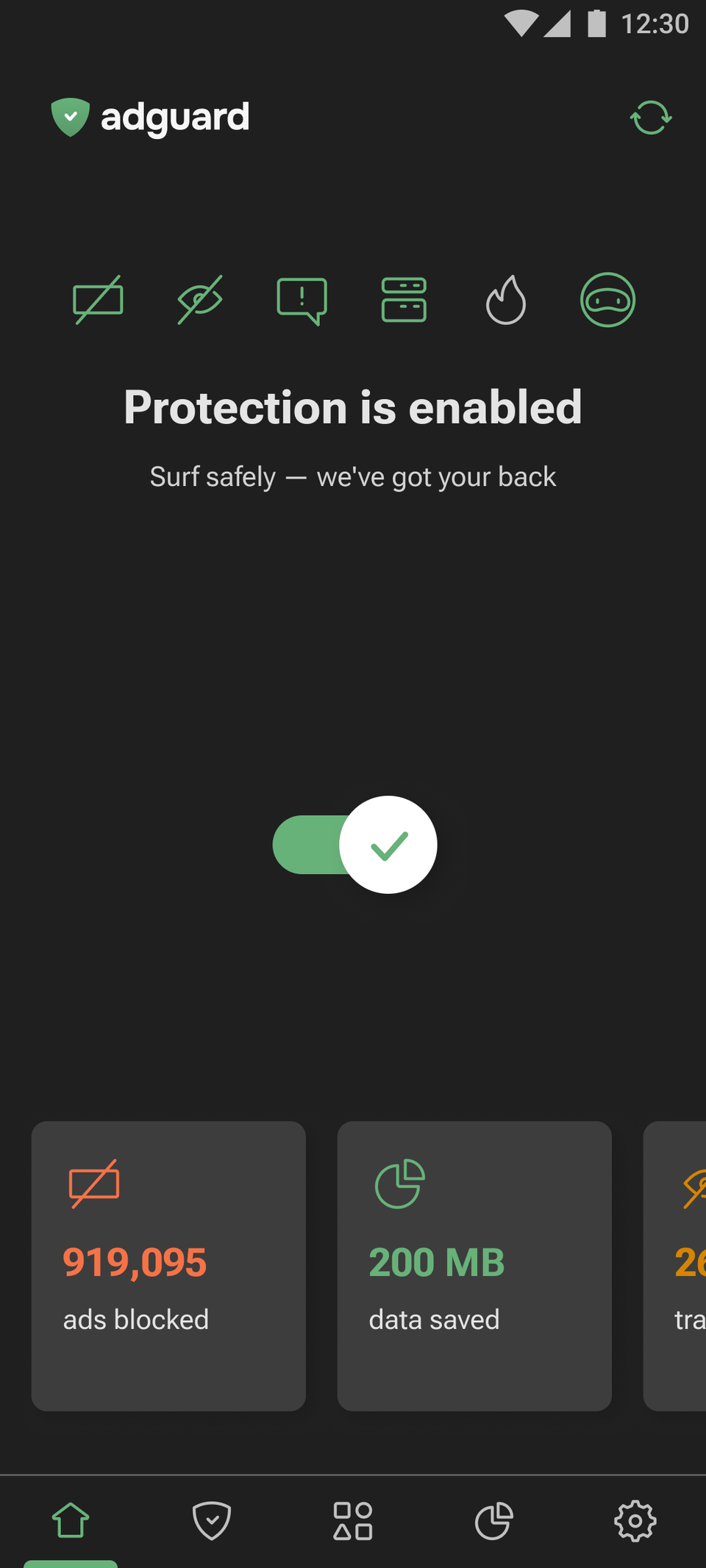 Main page of AdGuard showing enabled Protection