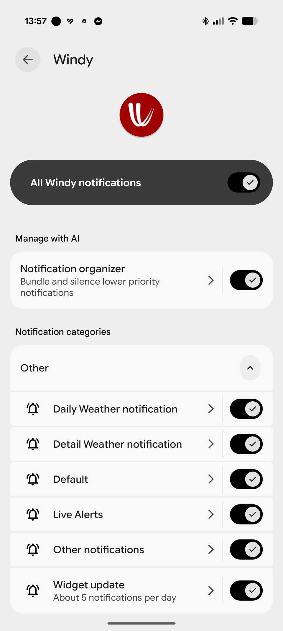 Impostazioni delle notifiche dell’app Windy che mostrano i pulsanti di attivazione/disattivazione per l’organizzatore delle notifiche e le categorie