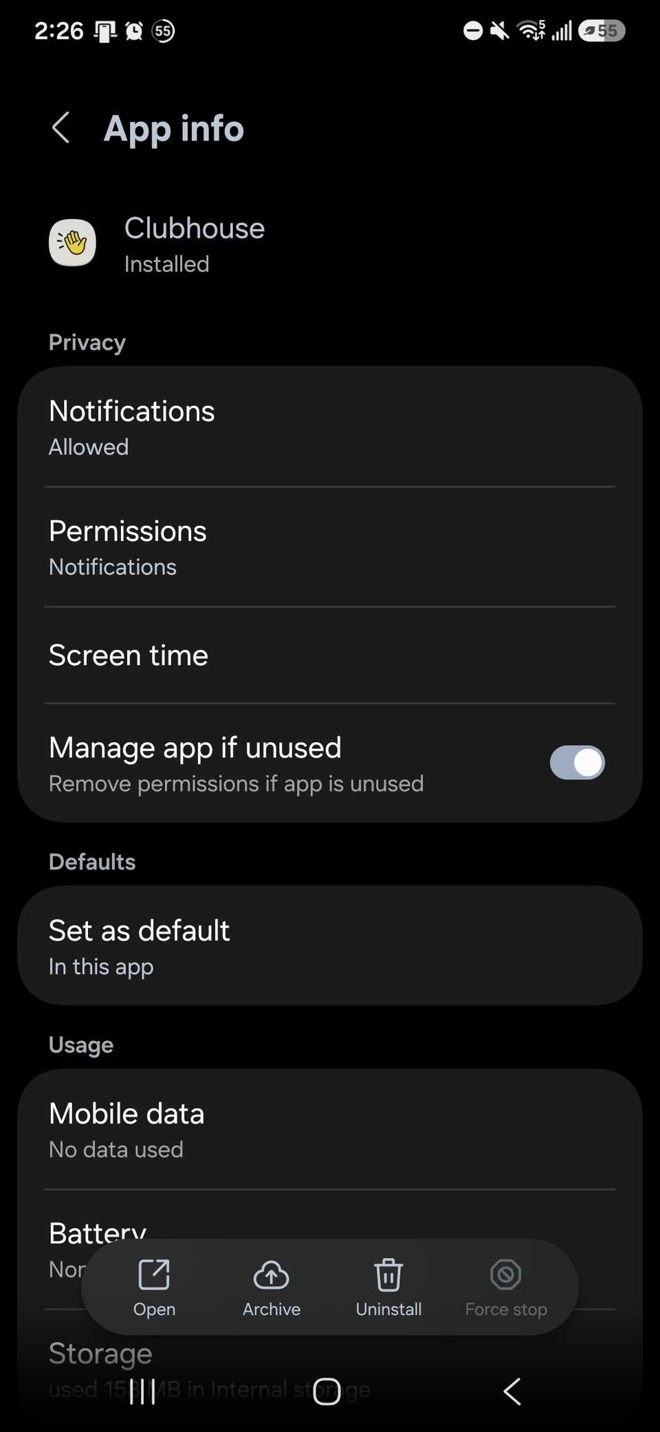 app info section for Clubhouse while showing the Archive option at the bottom of the app