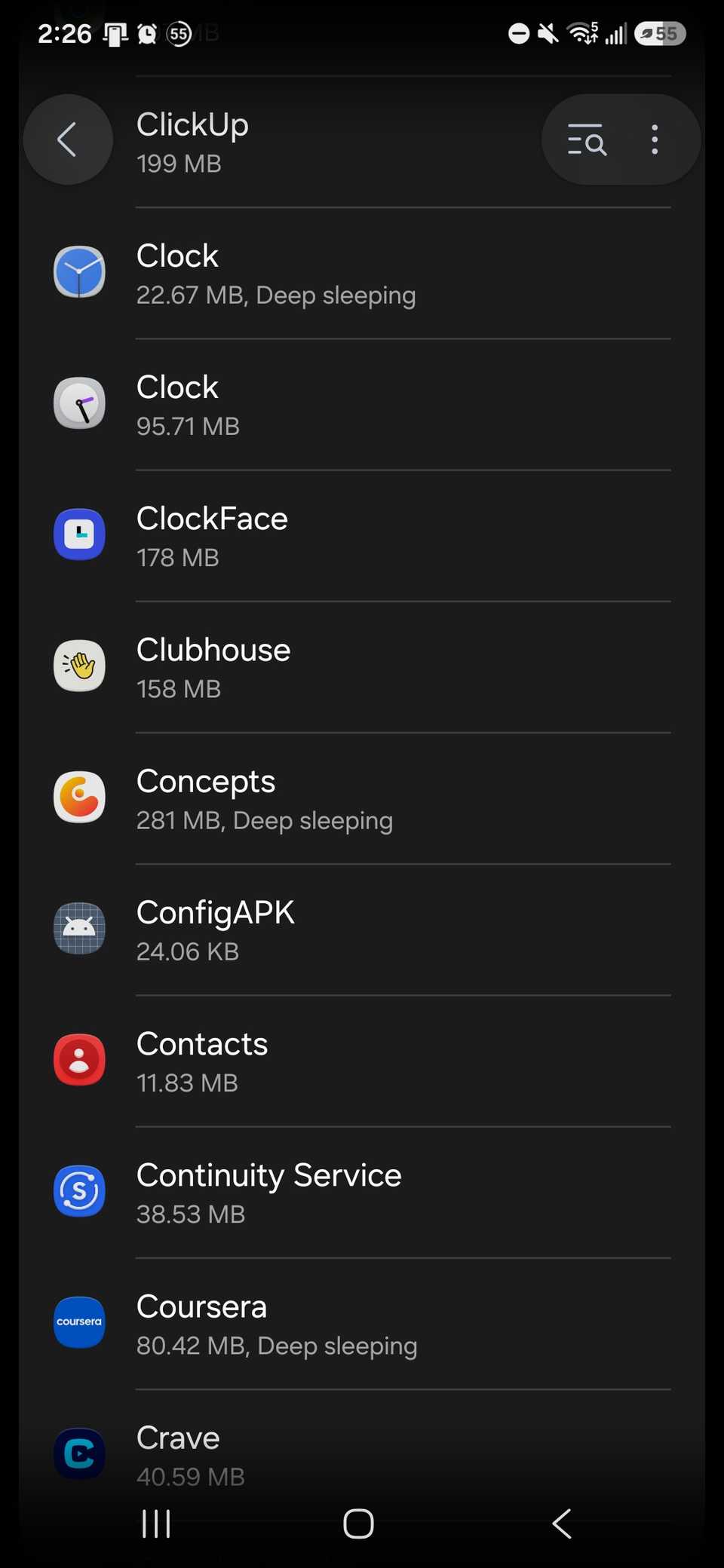 a list of applications for an Android phone shown in the settings app
