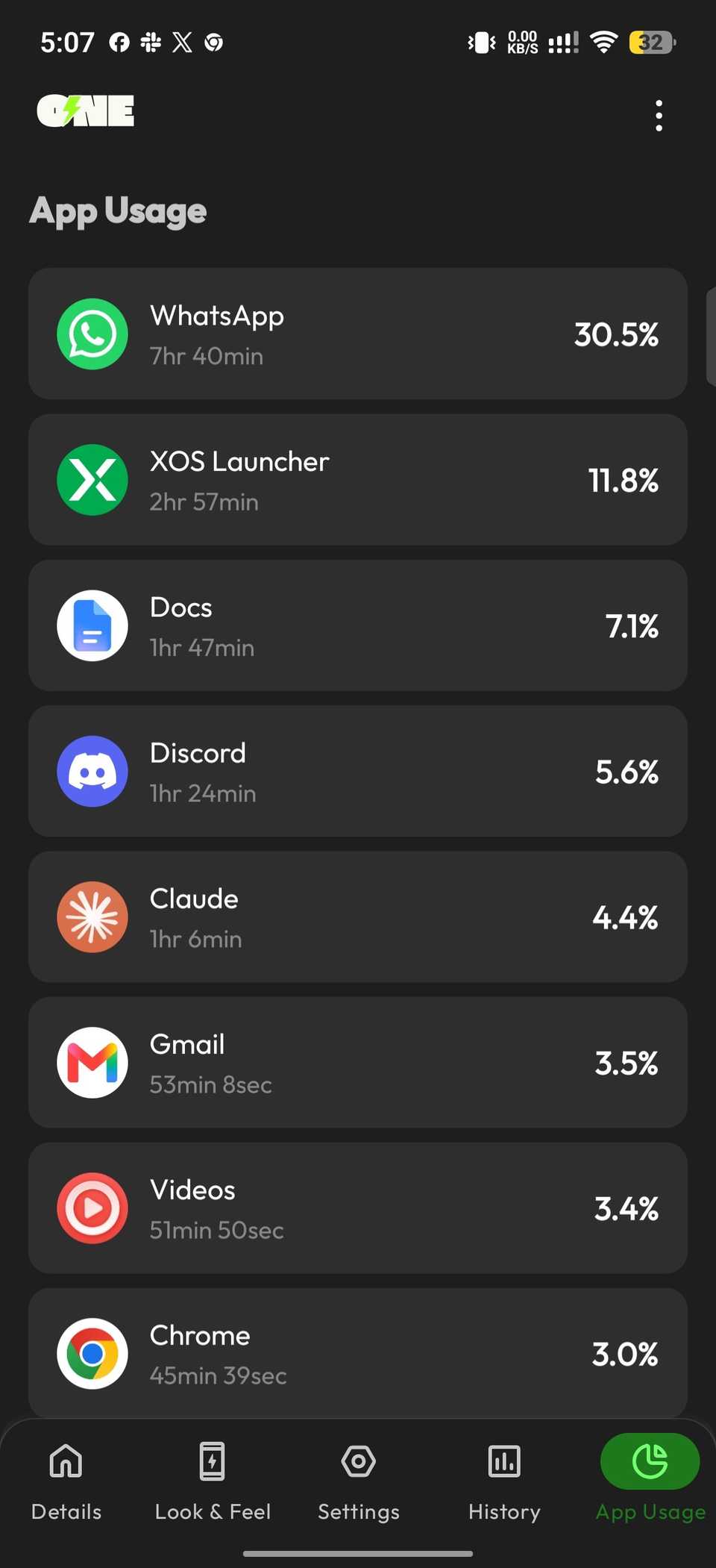 App usage menu showing drainage percentage and user hours spent on each app