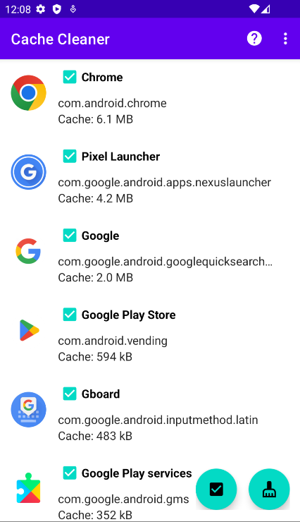 App selezionate su CacheCleaner