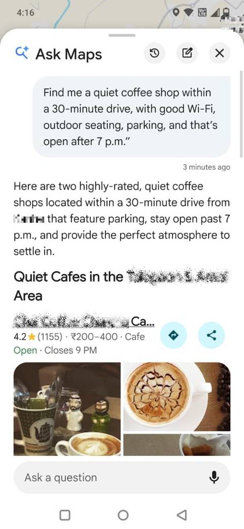 Screenshot showing a prompt in Ask Maps in Google Maps