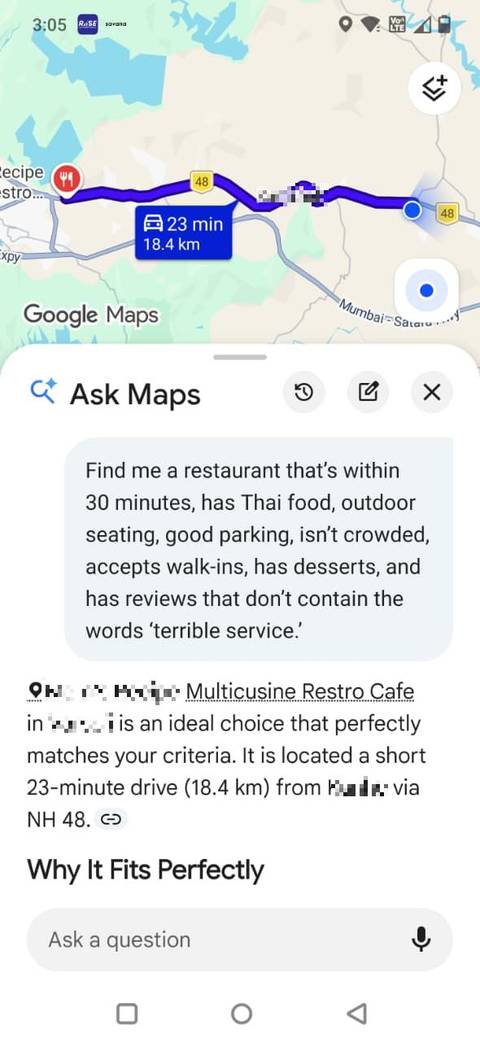 Screenshot showing a prompt for a Thai restaurant in Google Maps