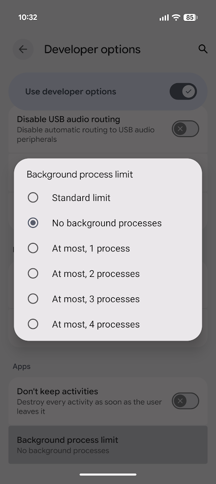 background process limit options android settings