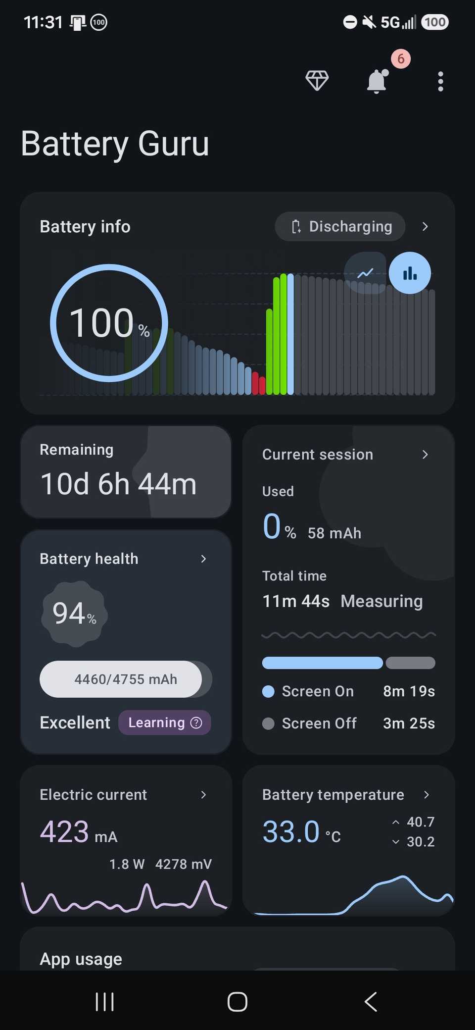 battery stats using BatteryGuru on a phone that changes to 80 to 100% capacity for charging