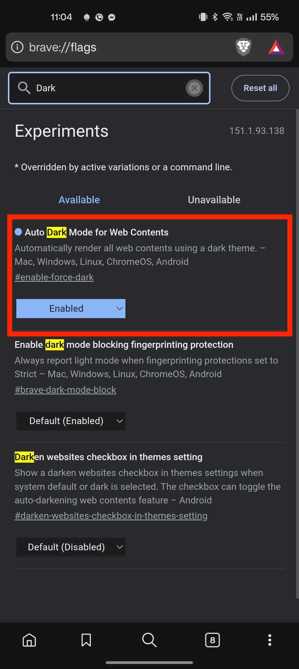 Brave auto dark mode feature in Flags menu