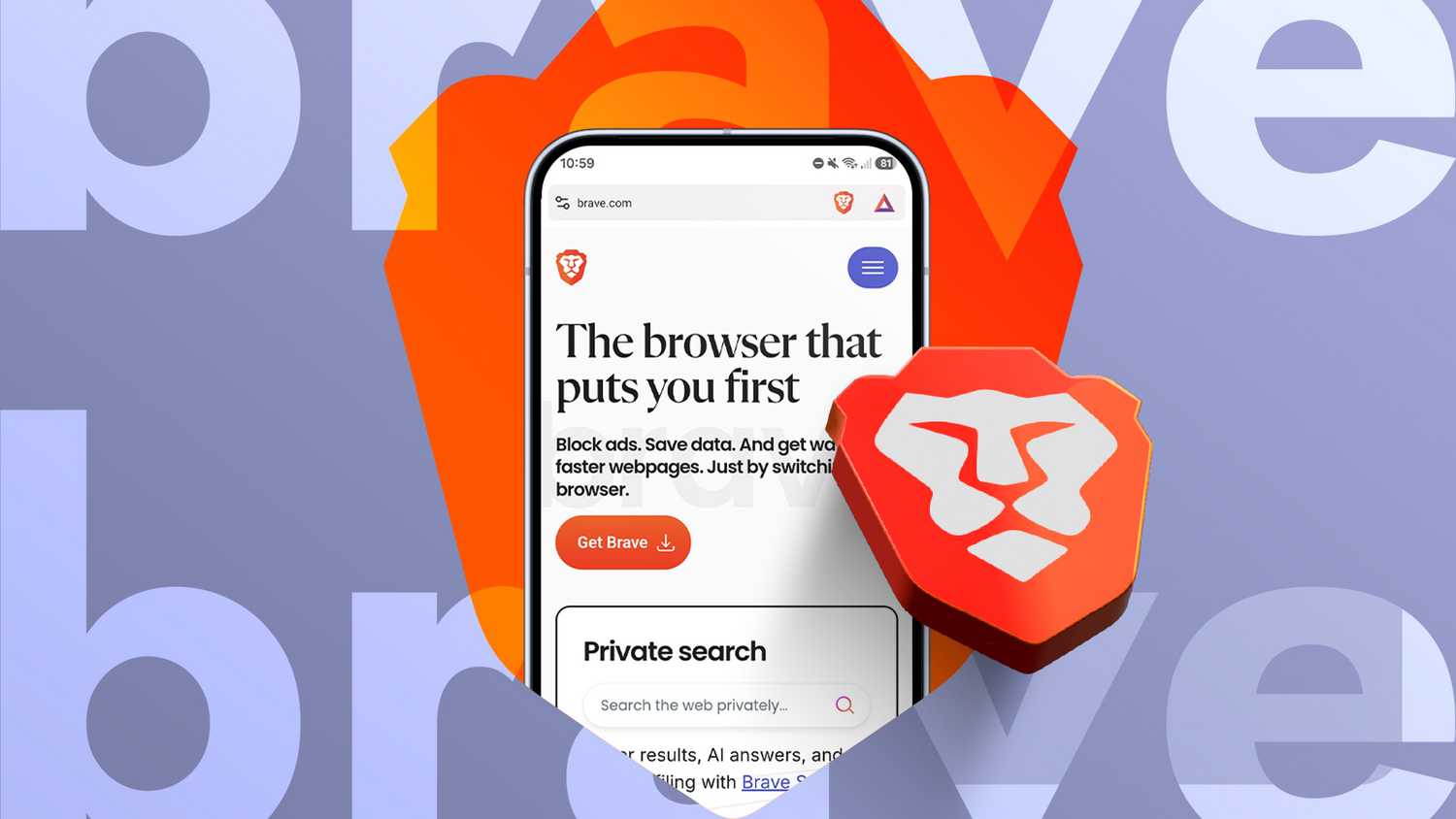 Brave Browser open on an Android phone with the Brave logo in front.