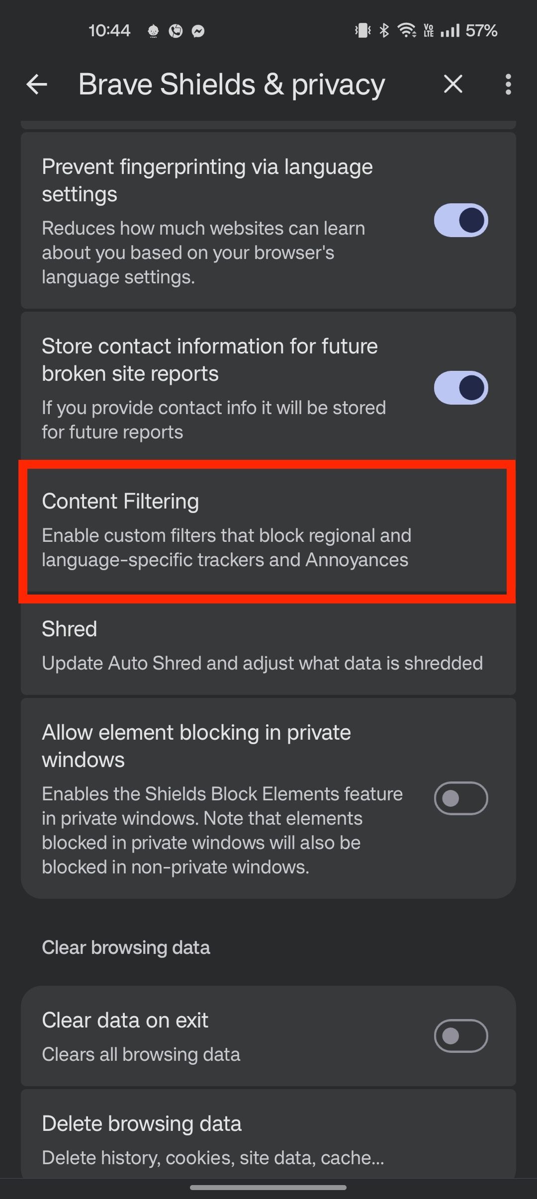 Brave content filter setting option highlighted