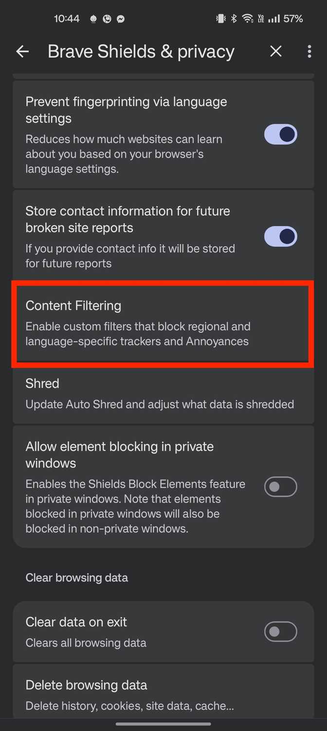 Brave content filter setting option highlighted