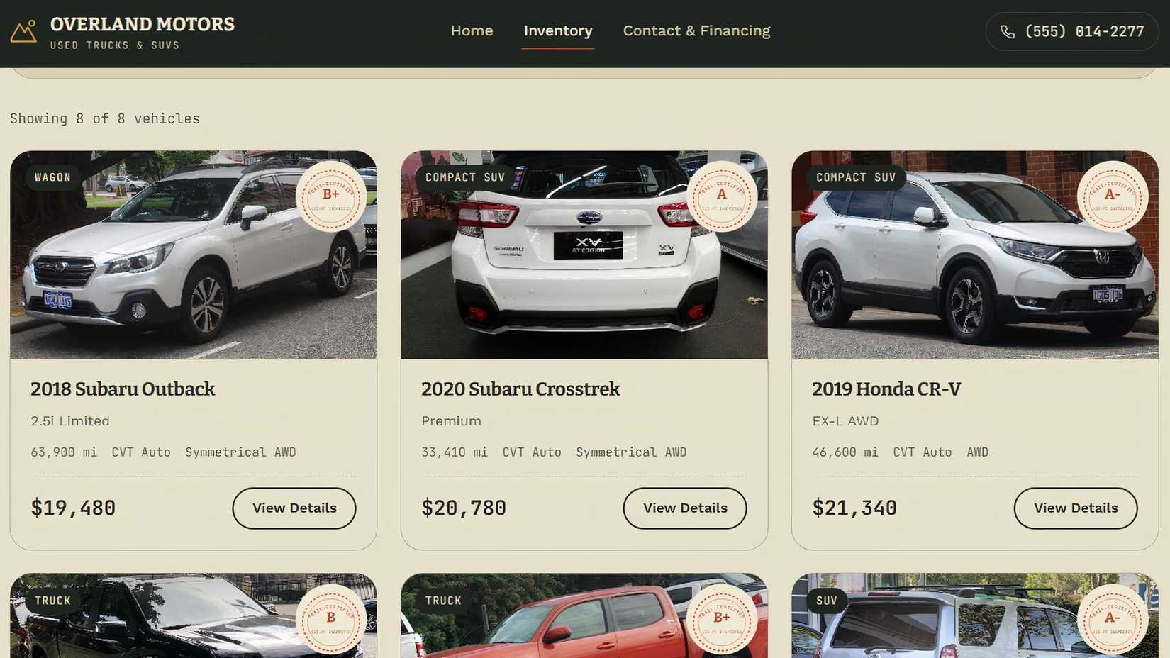 Screenshot showing Claude's used car inventory page with vehicle condition badges.