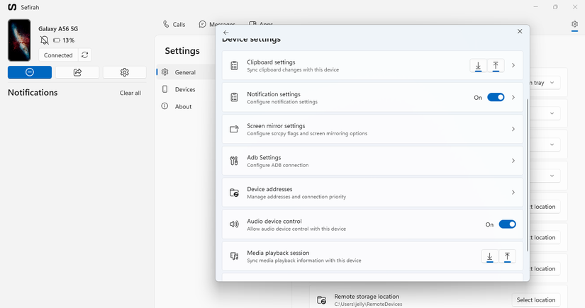 Clipboard settings in Sefirah.