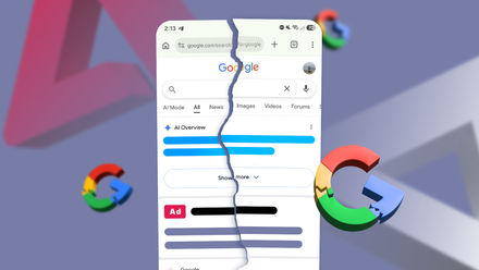 Cracked Google Search screen showing AI Overview and ads.