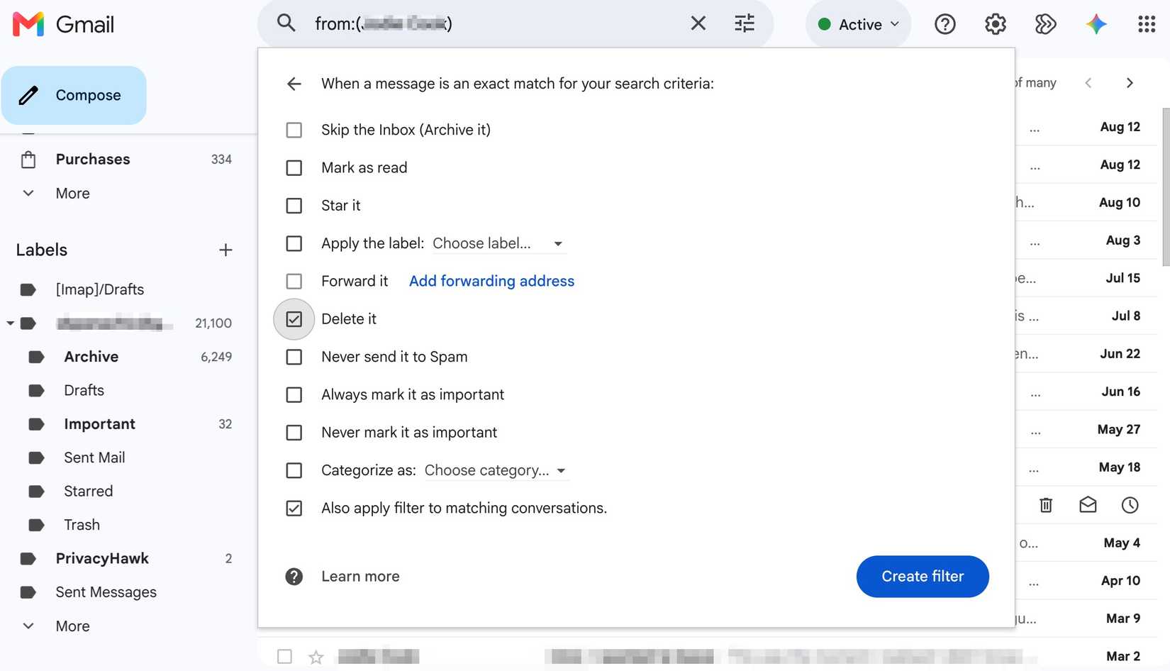 Checkboxes prompting user to choose what happens when custom search filter finds email parameters