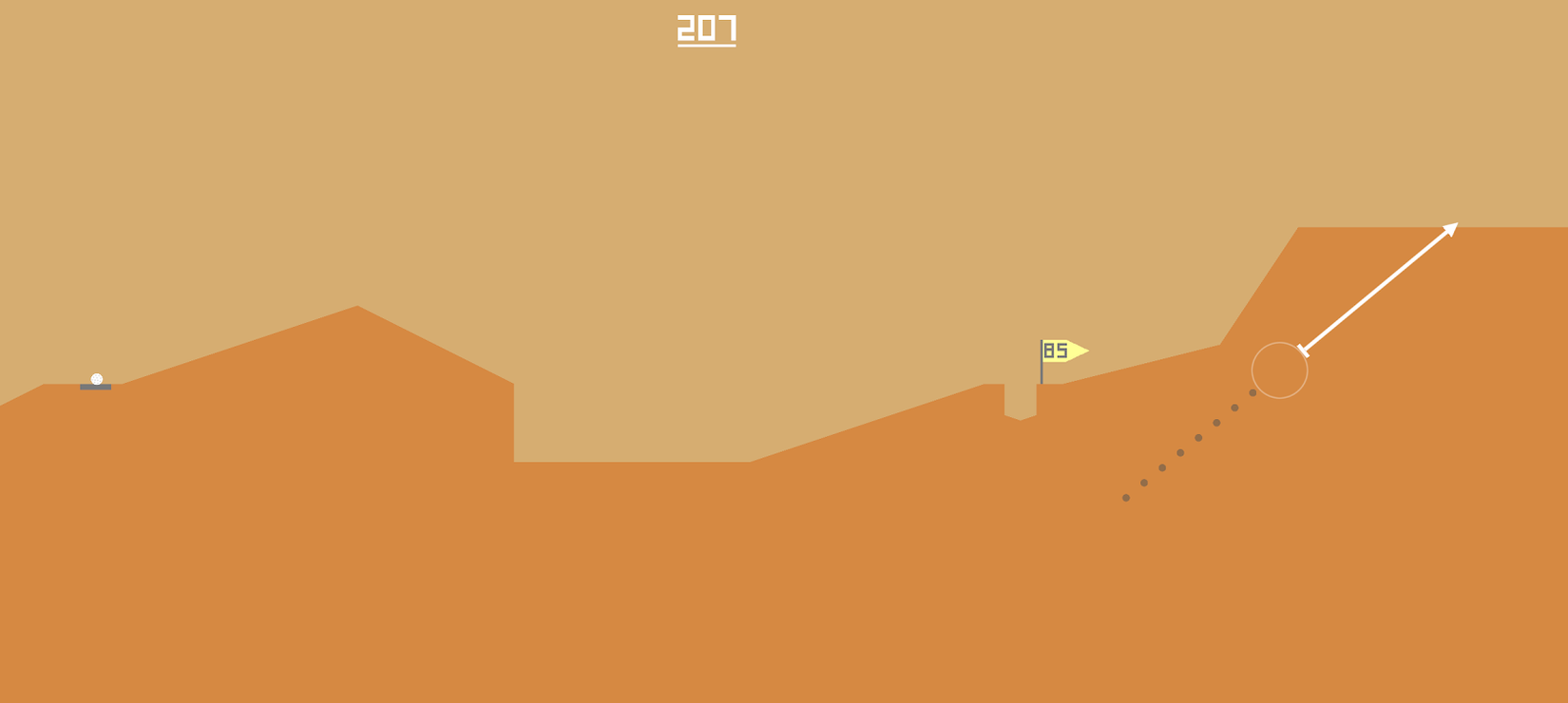 2D orange golf course viewed from the side with white ball and yellow flag
