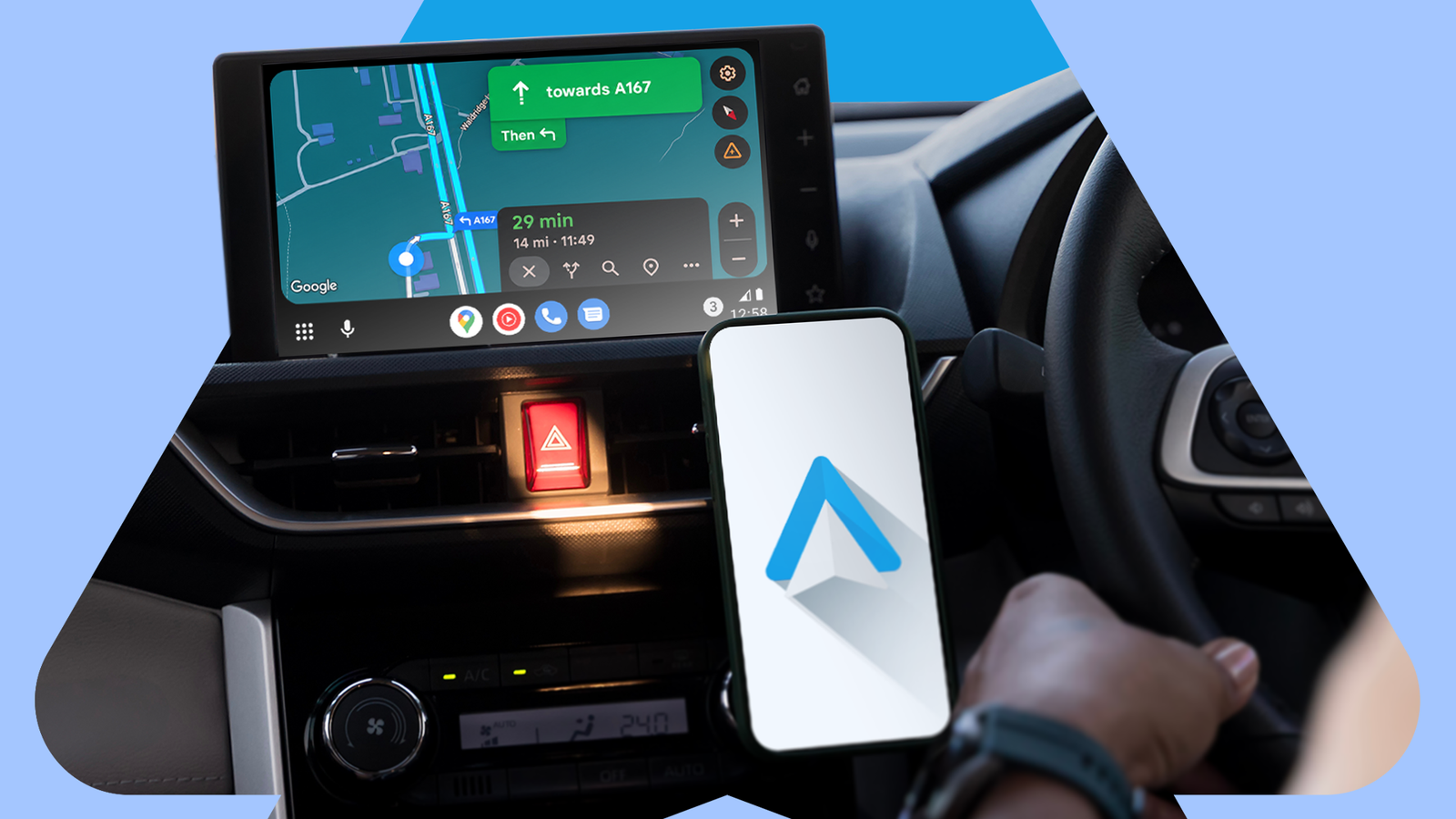 Driver using Android Auto navigation while keeping a hand on the steering wheel