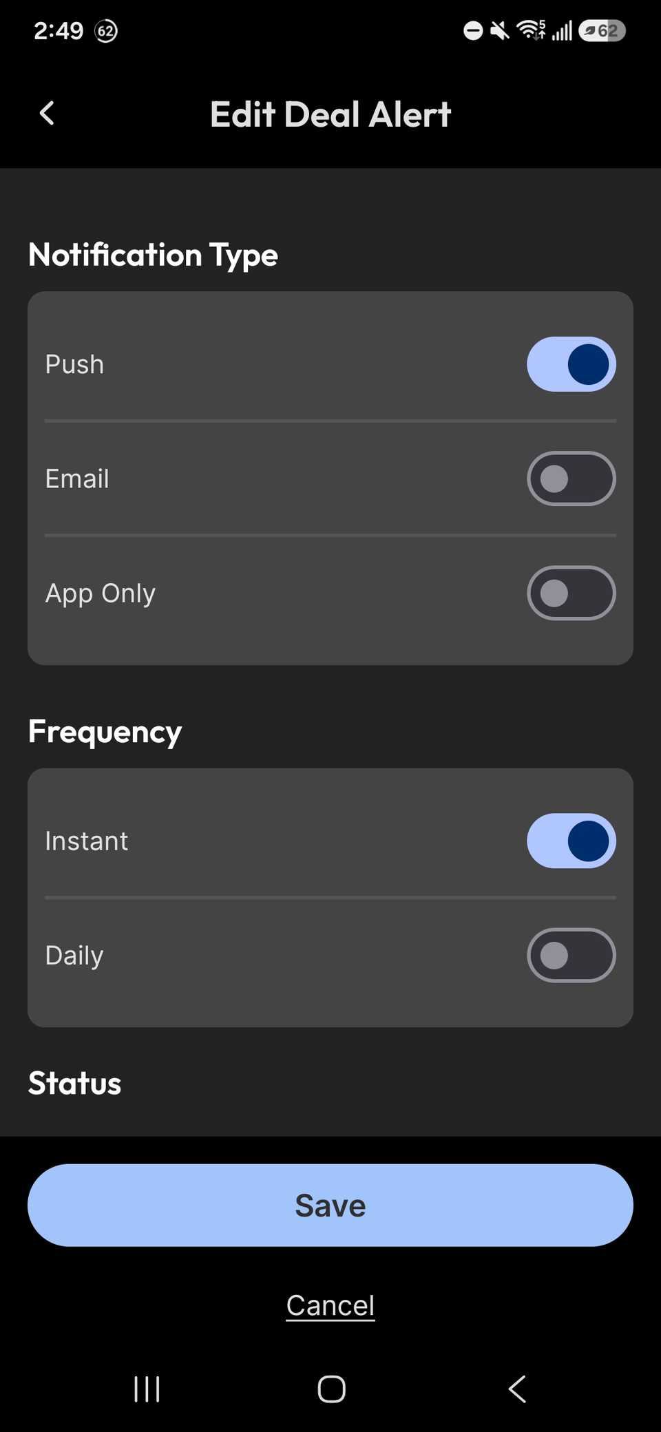 modifica del tipo e della frequenza delle notifiche per un avviso sulle offerte selezionato nell’app Slickdeals