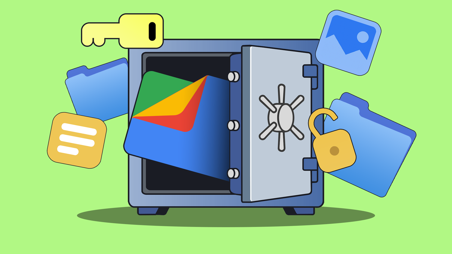 Files by Google logo inside a safe with folders, documents, a key, and a lock.