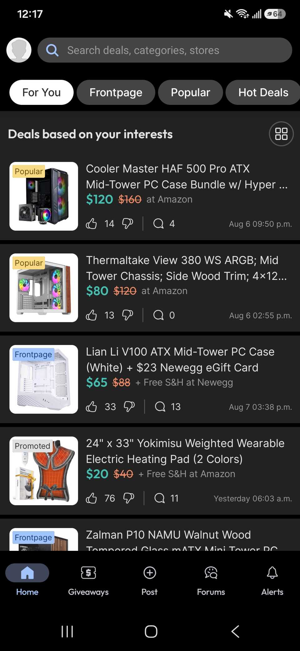 La sezione “Per te” dell’app Slickdeals che mostra un elenco di prodotti in base agli interessi