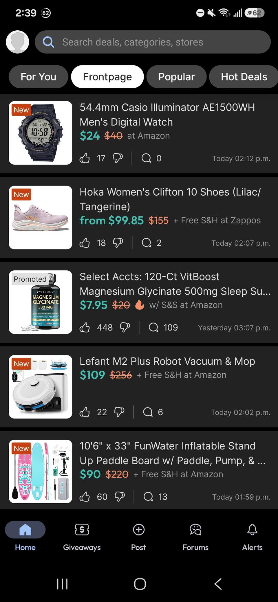 Sezione della pagina principale dell’app Slickdeals che mostra le offerte più vantaggiose e quelle con il maggior numero di voti positivi