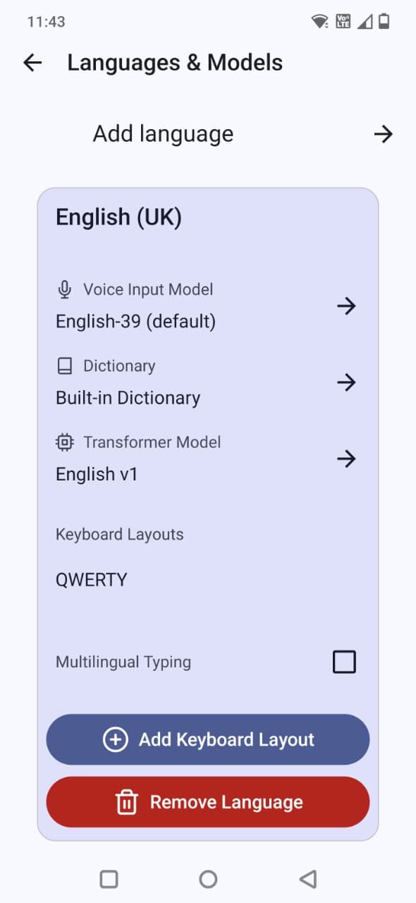 Screenshot showing languages and models in FUTO keyboard