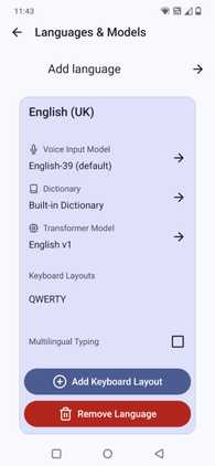 Screenshot showing languages and models in FUTO keyboard