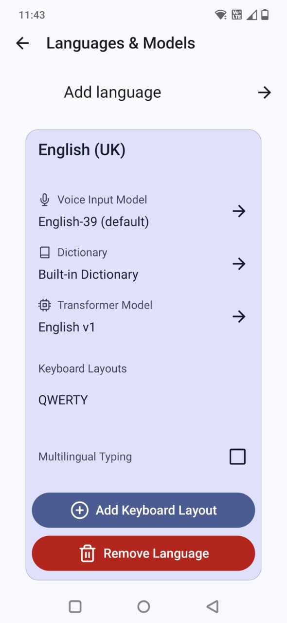 Screenshot showing languages and models in FUTO keyboard