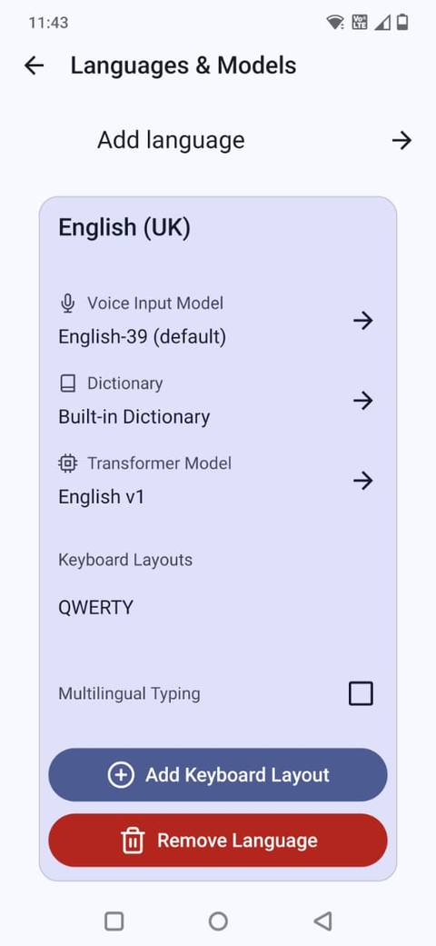 Screenshot showing languages and models in FUTO keyboard