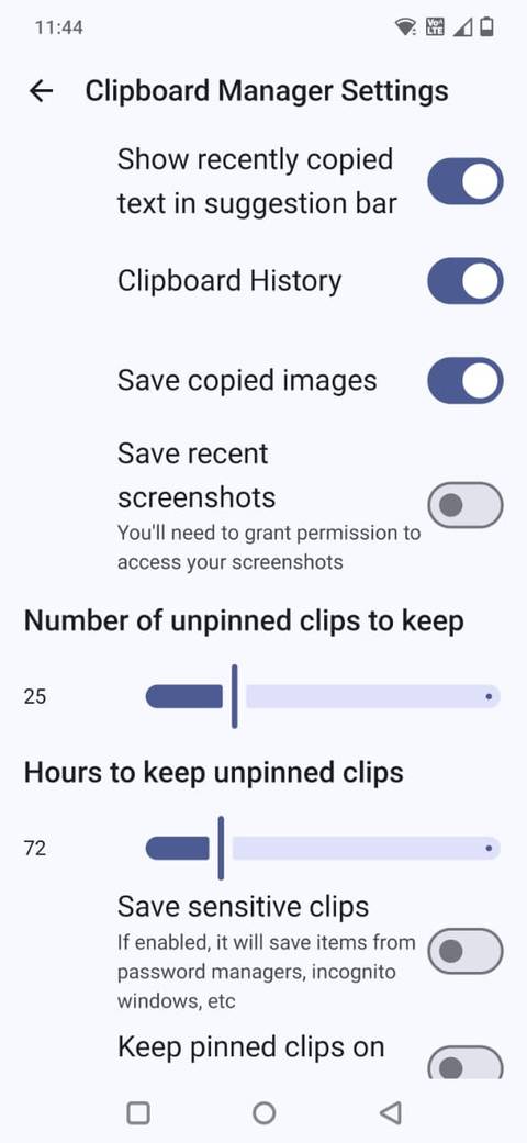 Screenshot showing Clipboard management settings in FUTO keyboard