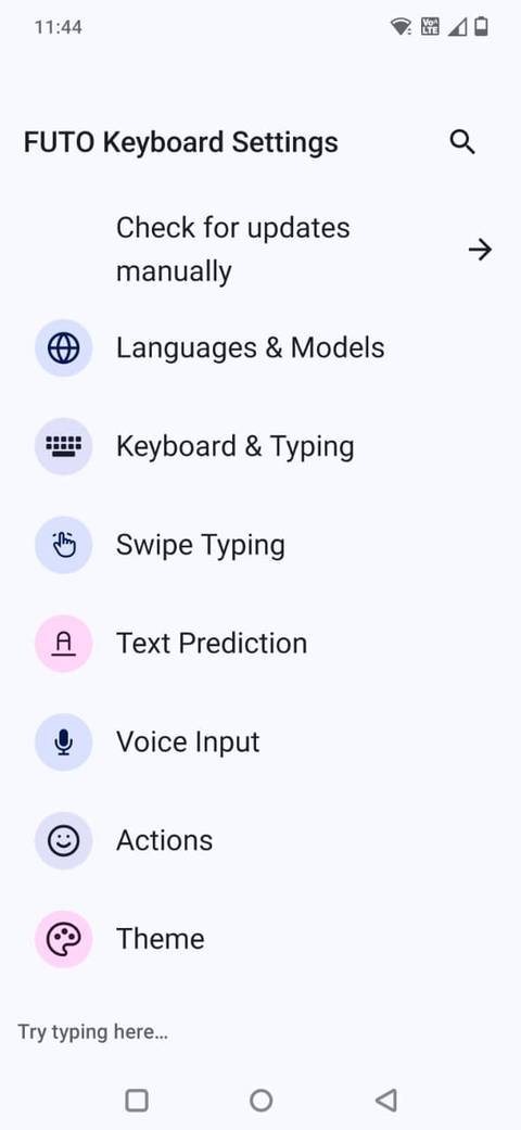 Screenshot showing the settings menu in FUTO keyboard