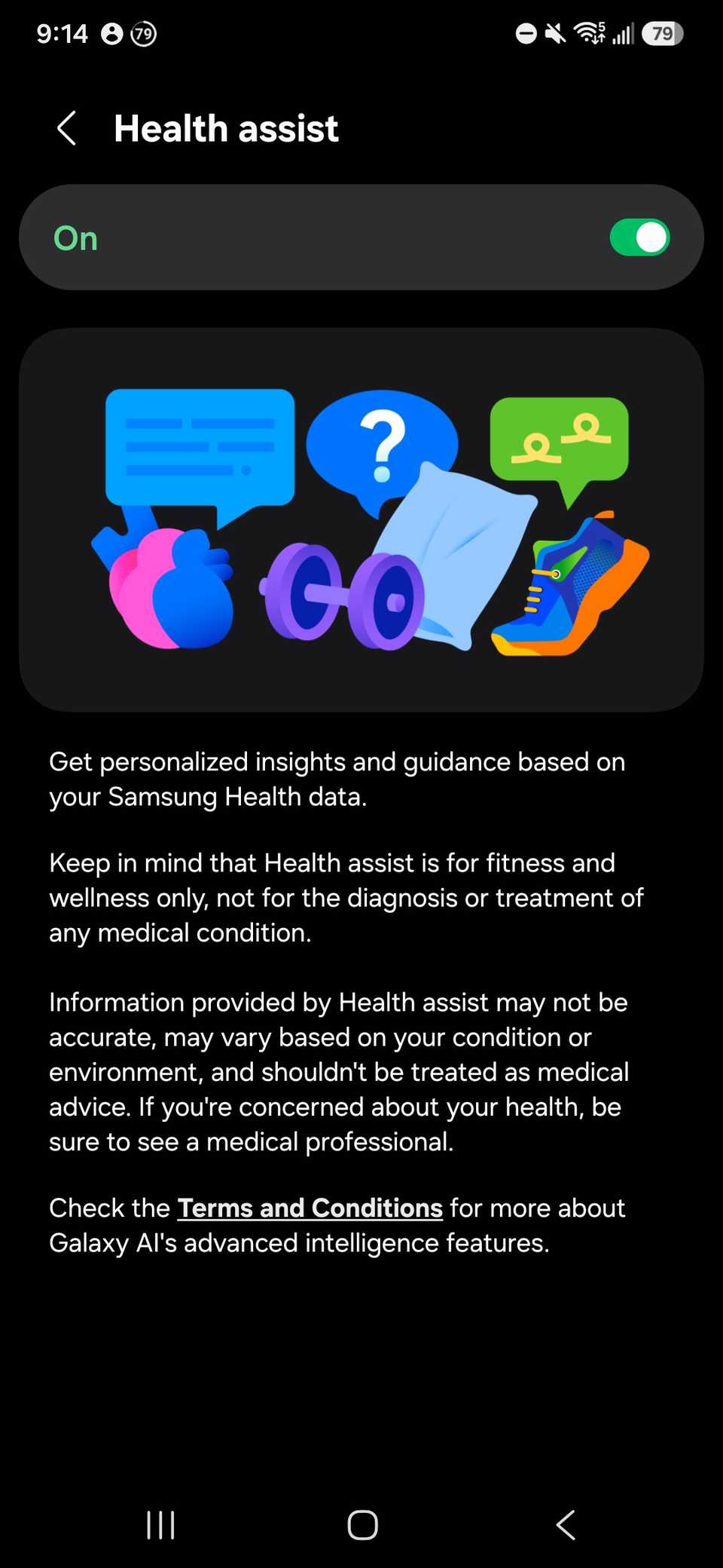 Galaxy AI Health Assist toggle at the top of the page