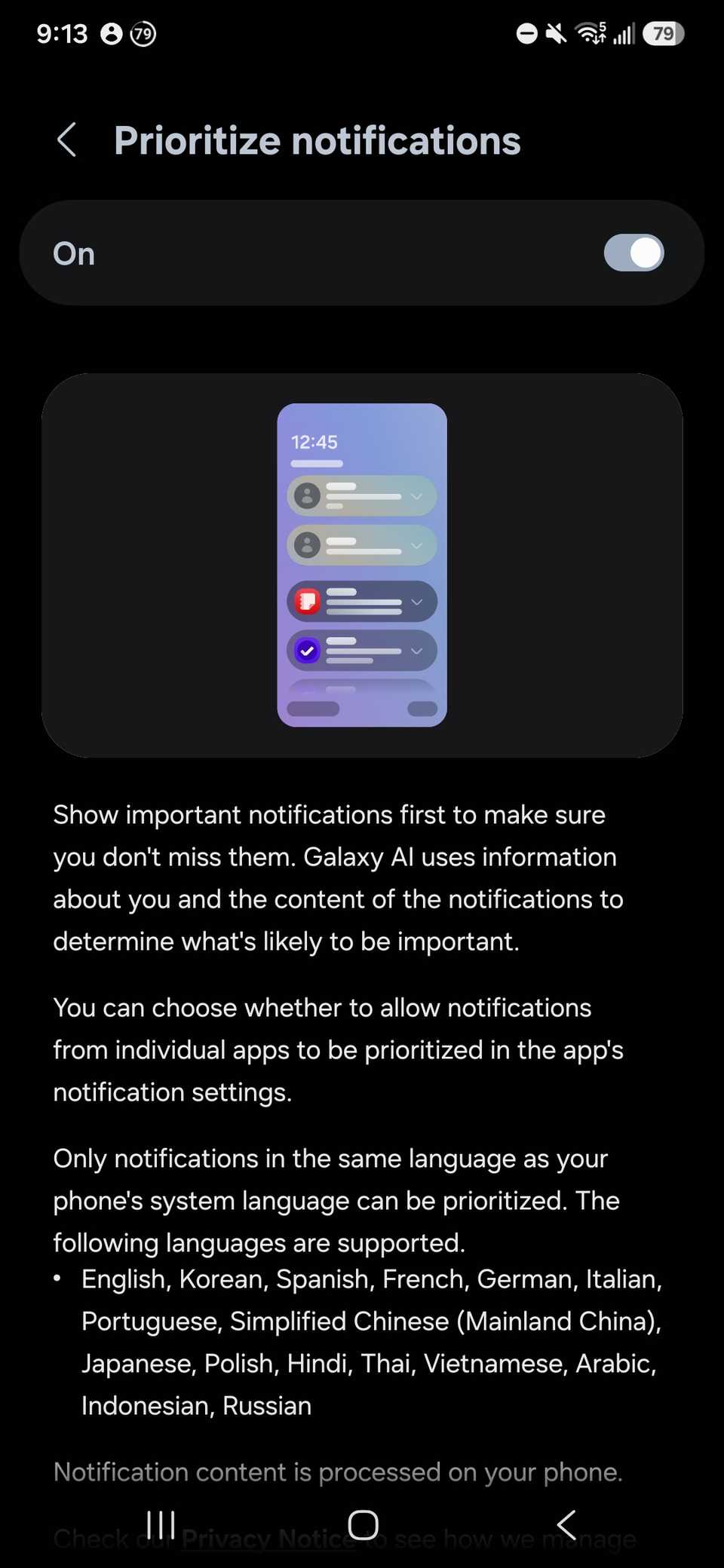 Prioritize notifications toggle at the top of the page as part of the Galaxy AI Notifications Highlights feature