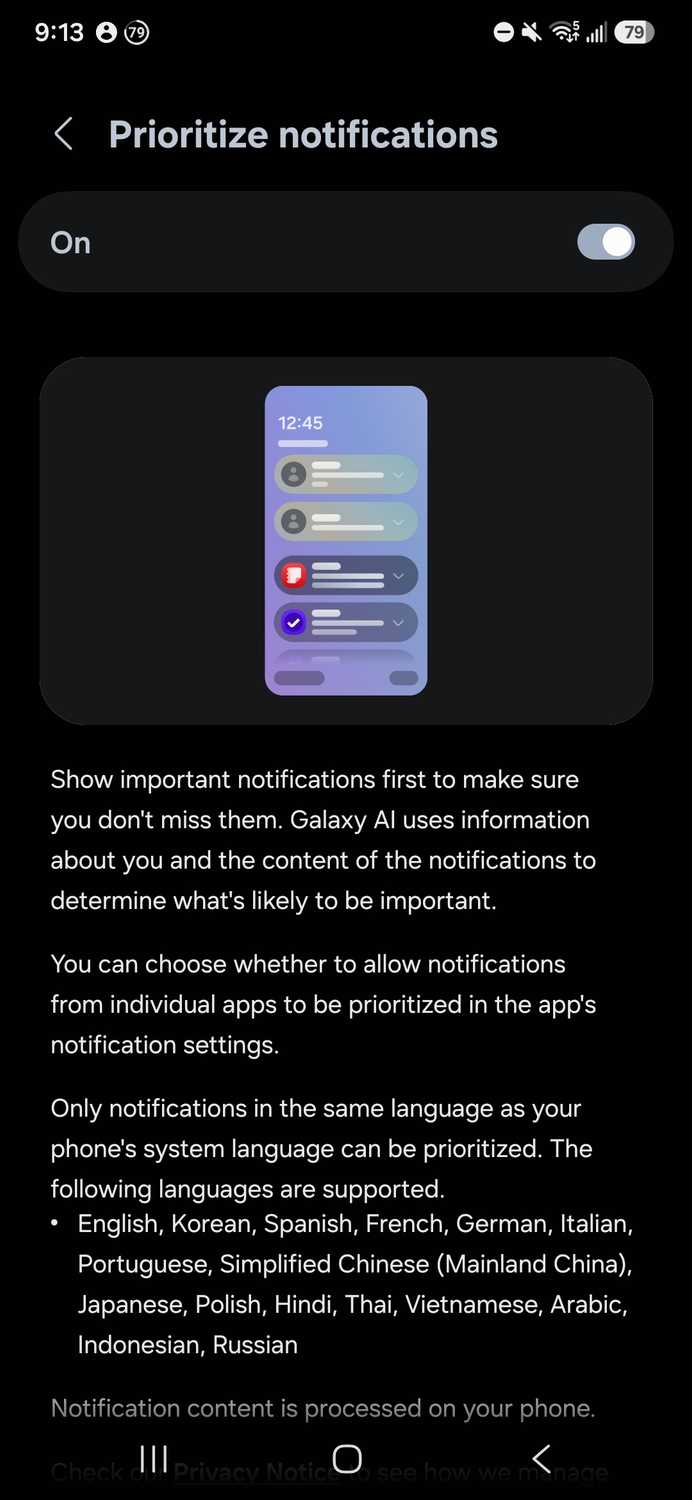 Prioritize notifications toggle at the top of the page as part of the Galaxy AI Notifications Highlights feature