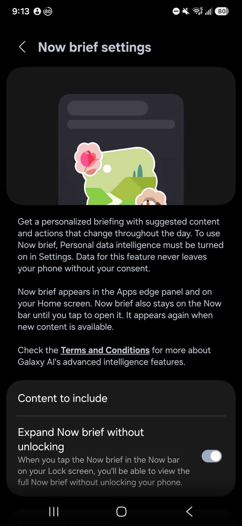 Now Brief settings section in Galaxy AI showing two options 'Content to include' and 'Expand Now brief without unlocking' toggle