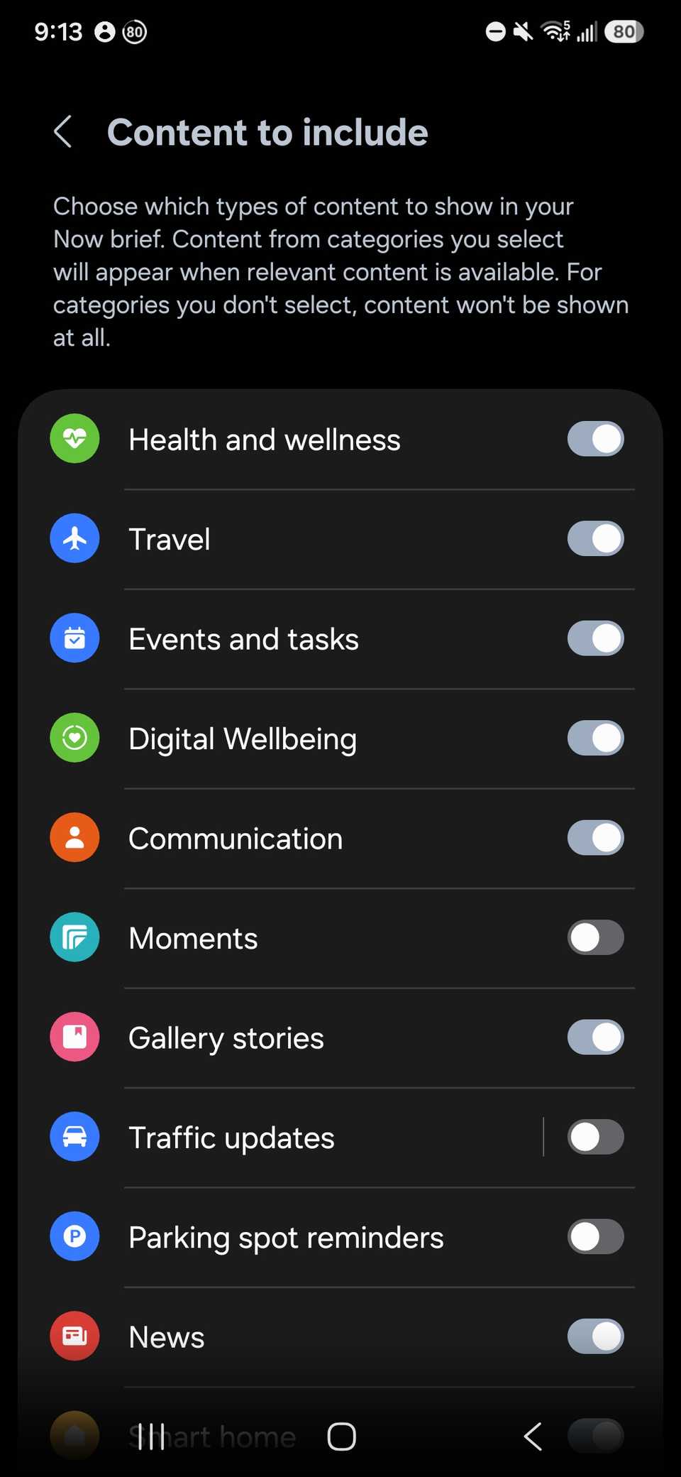 a list of categories and toggles that support Now Brief