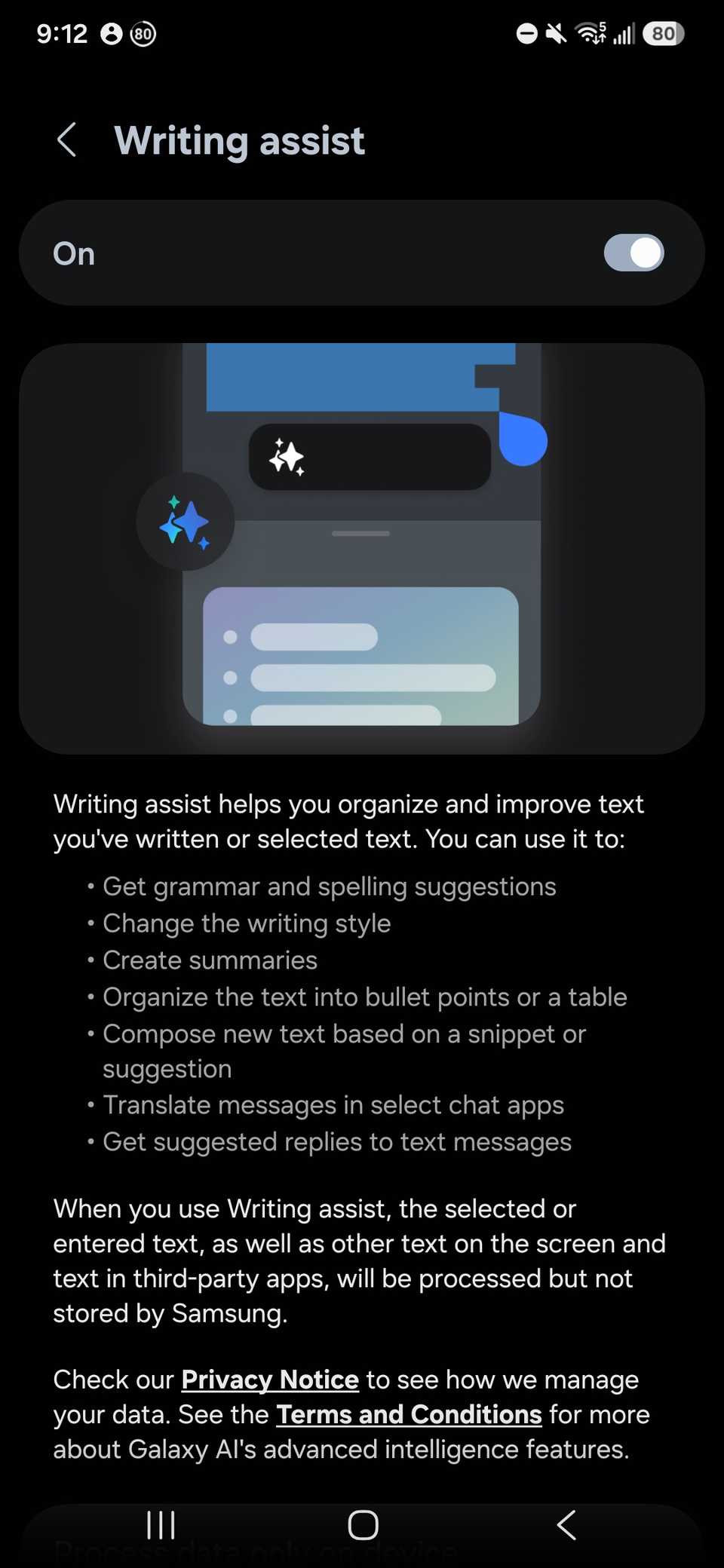 Galaxy AI Writing Assist toggle at the top of the page