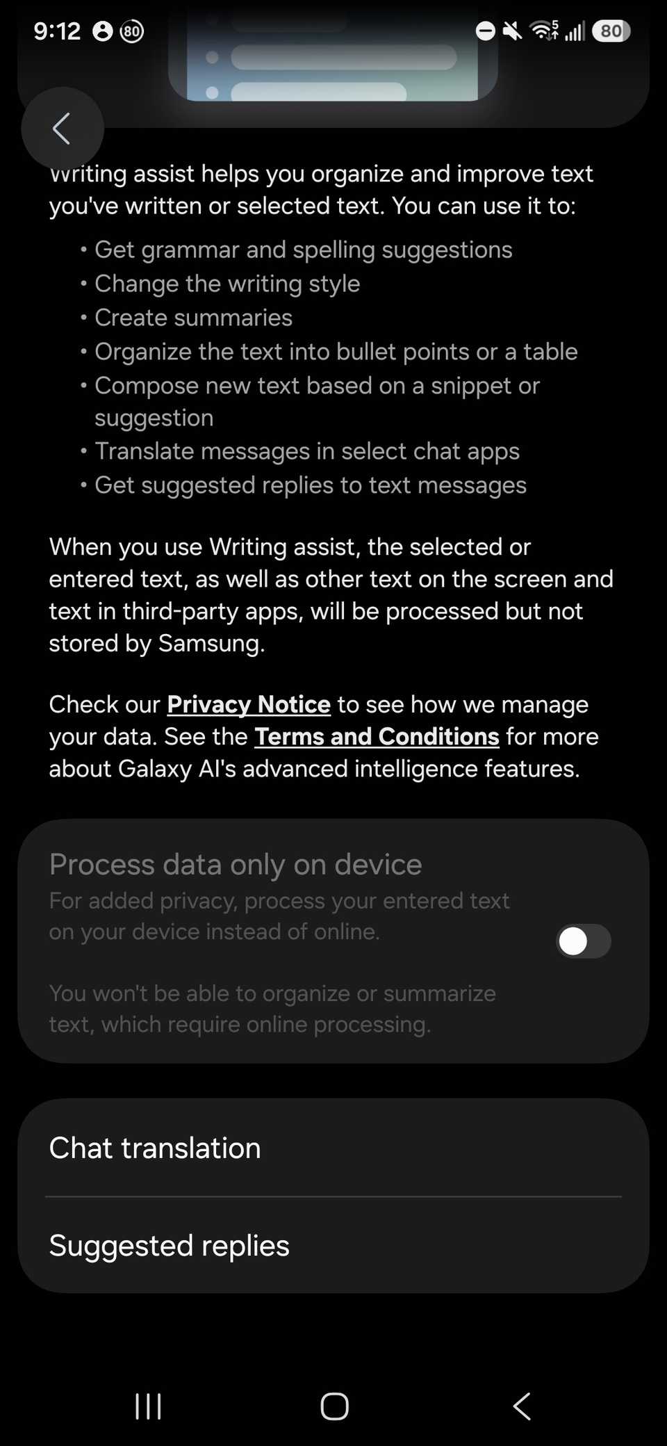 A list of feature for Writing Assist that include "Chat translation" and "Suggested replies"