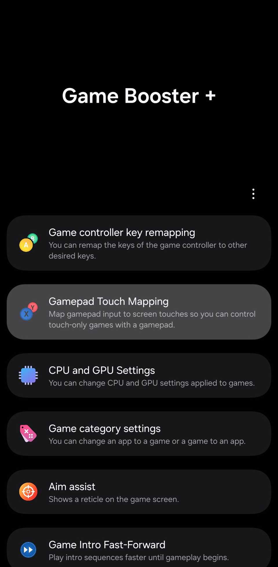 Good Lock Game Booster+ menu with Gamepad Touch Mapping highlighted.