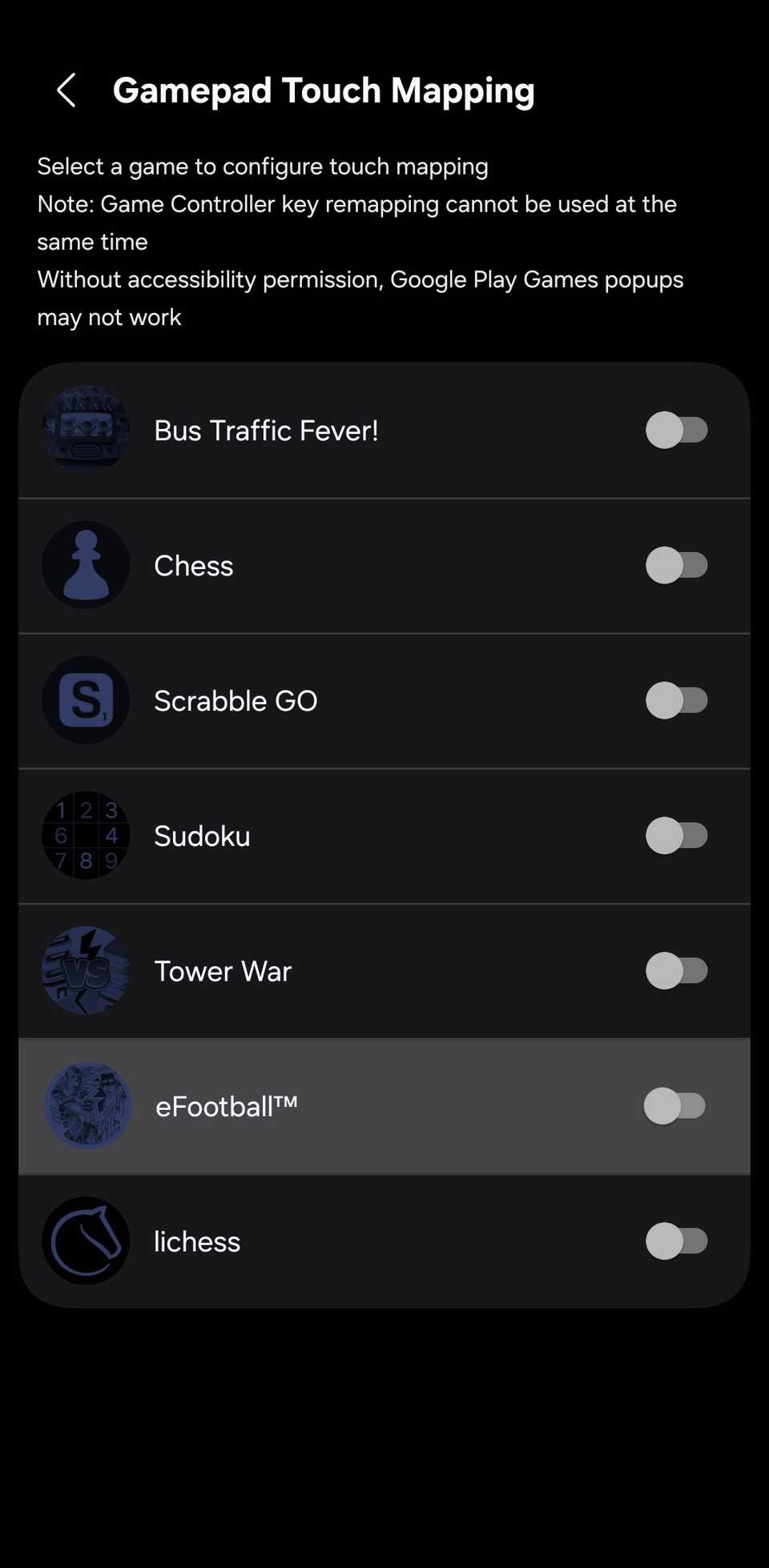Game Booster+ "Gamepad Touch Mapping" screen showing a list of installed games, with eFootball highlighted.