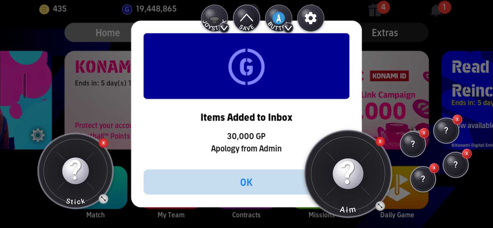 Game Booster+ "Gamepad Touch Mapping" screen showing a list of installed games, with eFootball highlighted.