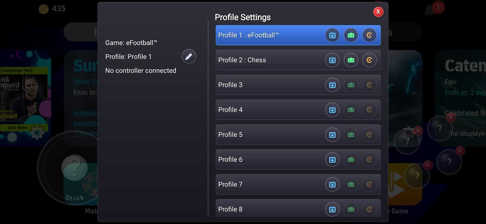 eFootball game screen with Game Booster+ Profile Settings overlay showing two saved profiles and 6 empty ones